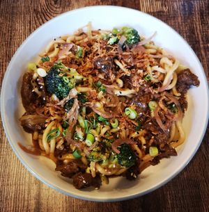 Teriyaki b**f and Broccoli Udon Noodles at Hank's Vegan Restaurant in Ipswich