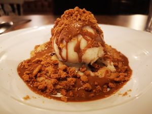 Warm Cookie and Ice Cream with Biscoff Sauce at Hank's Vegan Restaurant in Ipswich