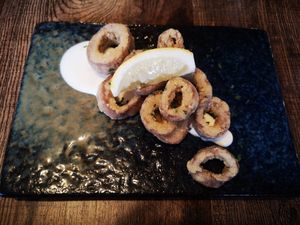 King Oyster Mushroom Calamari with lemon garlic mayo at Hank's Vegan Restaurant in Ipswich