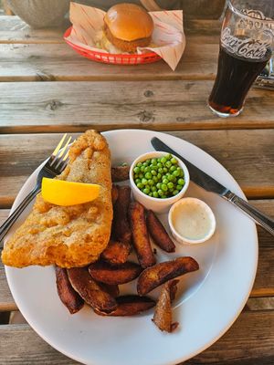 Beer battered marinated tofu with nori, handcut chips, peas, and tartar sauce. at Hank's Vegan Restaurant in Ipswich