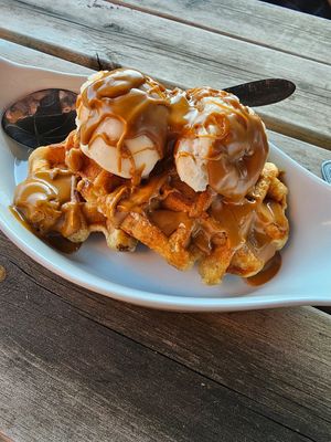 Belgian waffles with ice cream and
choice of topping: biscoff. at Hank's Vegan Restaurant in Ipswich
