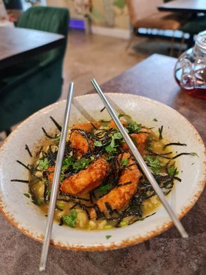 Miso noodle bowl with the most amazing plant based prawns at Munch Box by Nidhi in Bangkok