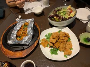 Tofu & mushroom rolls, cumin mock meat, and avocado & quinoa salad at Tianchu Miaoxiang - Chaowai in Beijing