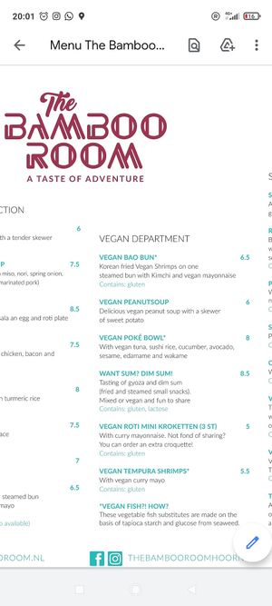 Vegan Menu at The Bamboo Room in Hoorn