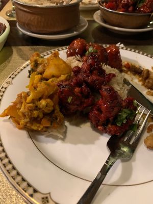 Broccoli 65 and samosa chaat vegan  at The Mango Grove in Columbia