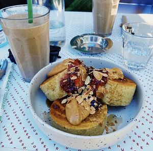 Vegan PBJ hot cakes and gym smoothie  at Joshua Tree Cafe in Athens