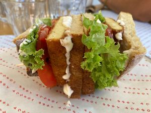 Panku tofu sandwich which was amazing! at Joshua Tree Cafe in Athens