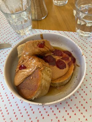 Delicious sharing pancakes, we had the peanut butter and jelly. at Joshua Tree Cafe in Athens