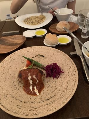 Specialty vegan hamburger  at PEACE TABLE - 渋谷 道玄坂店 in Tokyo