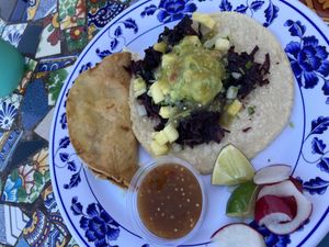 Potato taco and hibiscus taco  at Vegan by El Zamorano in Costa Mesa