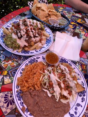 Two taco plate, asada fries, chips + salsa  at Vegan by El Zamorano in Costa Mesa