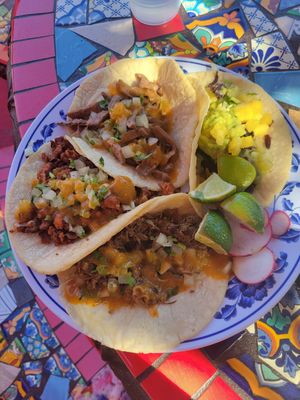 Carne asada, carnitas, hibiscus, al pastor tacos at Vegan by El Zamorano in Costa Mesa