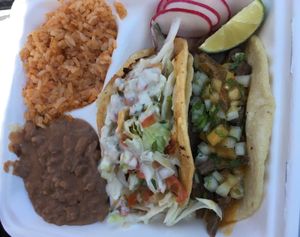 Two taco plate with crispy potato taco and asada taco  at Vegan by El Zamorano in Costa Mesa