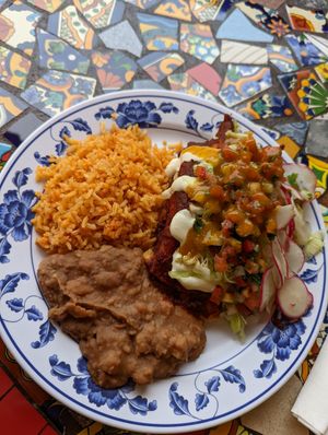 Cheese enchiladas plate at Vegan by El Zamorano in Costa Mesa