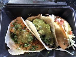 Potato, hibiscus, cauliflower tacos at Vegan by El Zamorano in Costa Mesa