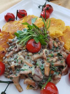 Vegan corn fritters with crramy mushroom lentils and baked cocktail tomatos - so yum at Landgasthof Löwen in Obersasbach