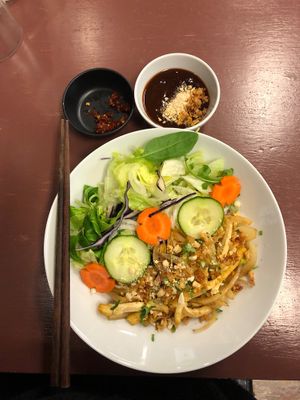 I ordered Dry Phở which included Pho noodles(rice noodles), vegetables, tofu and pickled carrot on top with crunchy peanut. When eating I added the sauce by myself. Yummy 😋  at Saigon Noodle Bar in Rovaniemi