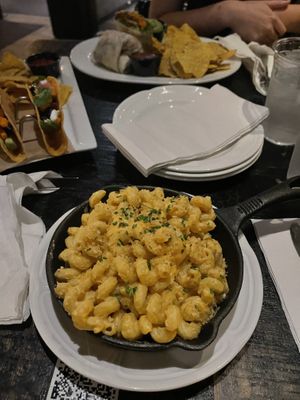 Vegan Mac and cheese (gringo burrito in the back, avocado tacos to the left)  at 80 Proof in Chicago