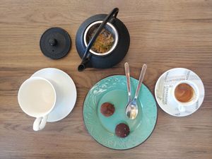 Espresso, herbal tea and truffles 😋 at Elysian Restaurant in Nicosia