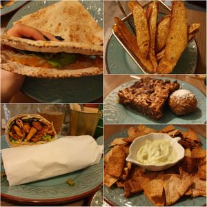 Quesadilla, Better than chicken gyro, Cyprus fries, brownies and energy balls with caramel and dates and whole-wheat pitta chips with sauce! at Elysian Restaurant in Nicosia
