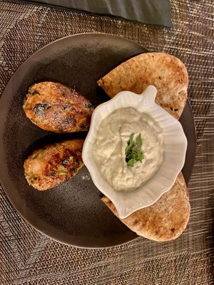Sheftalies with tzatziki   at Elysian Restaurant in Nicosia