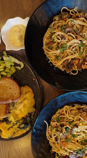 Vegan Carbonara, Vegan Omelette at Elysian Restaurant in Nicosia