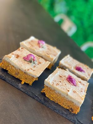 Our raw carrot cake with cashew cream! at Elysian Restaurant in Nicosia