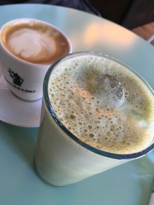 Latte and iced matcha latte, vegan at Elysian Restaurant in Nicosia