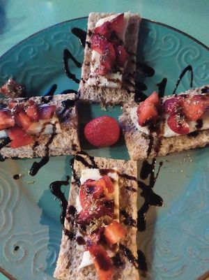 Bruschetta with strawberries, balsamic and elysian ''greek fetta'' at Elysian Restaurant in Nicosia