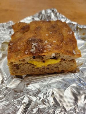 Breakfast sandwich with coconut bacon vegan at B's Salty & Sweet in Columbia