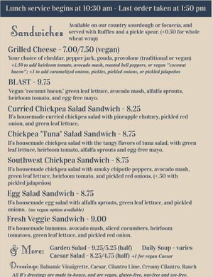 Lunch menu - winter 2024 at B's Salty & Sweet in Columbia