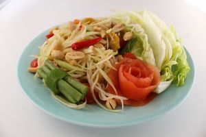Papaya Salad - Thai green papaya julienned and tossed together with tomatoes, green beans, chili, lime juice (optional: add peanuts) at White Springs Cafe in Arcadia