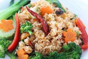 Spicy Fried Rice - Steamed rice stir-fried with seasonal vegetables and vegan spicy holy basil sauce at White Springs Cafe in Arcadia