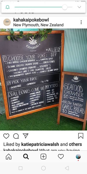 Menu at the food truck at Kahakai Poke Bowls in New Plymouth
