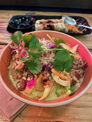 Vegan coconut curry and fried spring rolls   at Viet Nom Nom in New Plymouth