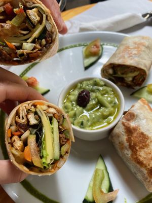 Burrito with tofu and seitan sausage, veg and guacamole at Veggie Garden in Sitges