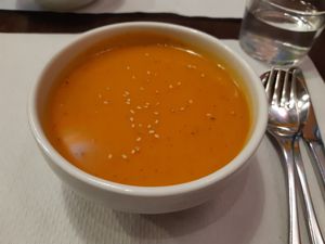 Menu of the day / Starter / Sweet potato soup at Veggie Garden in Sitges
