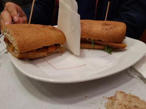 Sausage sandwich/bocadillo de salchichas at Veggie Garden in Sitges