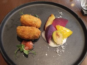 Vegan croquette and roasted veggies at Green Italian TORCIA - Shinjuku in Tokyo