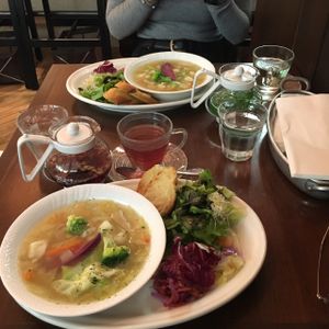 Vegetable soup with soy cheese bread and salad at Green Italian TORCIA - Shinjuku in Tokyo