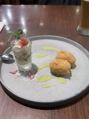 Lovely crunch in those nuggets and great mushroom salad in glass    at Green Italian TORCIA - Shinjuku in Tokyo