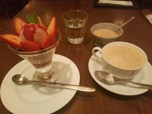 soy latte with beet sugar and strawberry parfait at Green Italian TORCIA - Shinjuku in Tokyo