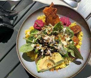 Quinoa bowl with salad, avocado, sweet potato, tofu and beet-hummus❤️ at Roots - Maschinenstraße in Zurich