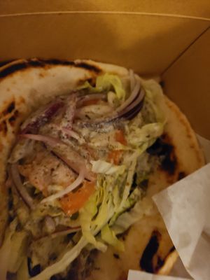 Gyro on pita with spicy tzatziki sauce at Just Veggiez in Madison