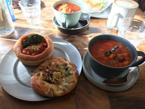 Soup and bread at Universal Bakes and Cafe in Tokyo