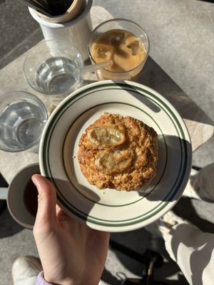 Banana caramel muffin and oat latte  at Universal Bakes and Cafe in Tokyo