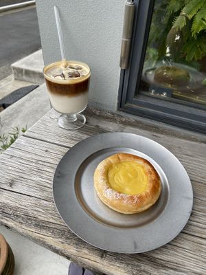 Iced latte and sweet pumpkin breadd  at Universal Bakes and Cafe in Tokyo
