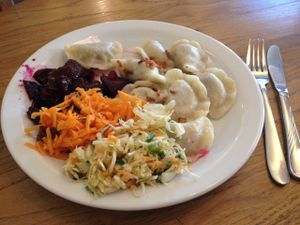 Pierogi and salad plate. at Glonojad in Krakow