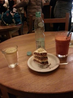 Photo of my VEGAN CAKE! And awesome big carrot juice. Together 4 euro's and 50 cents. at Glonojad in Krakow