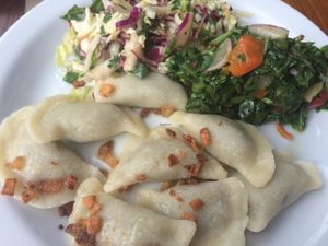 Vegan lentil pierogis  at Glonojad in Krakow